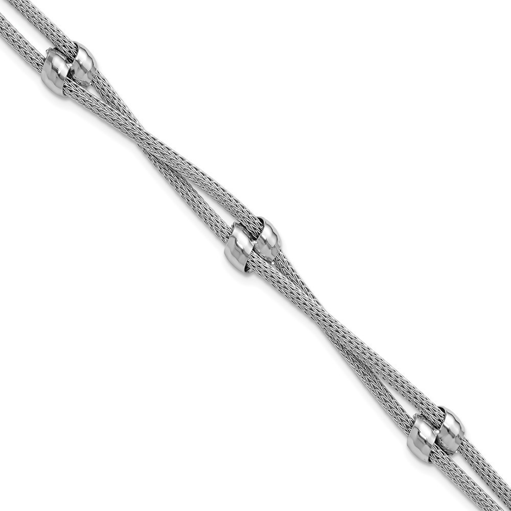 925 Sterling Silver Rh-Plated Polished 2-Strand Bead W/1in Ext. Bracelet
